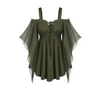 Ybing Abito medievale da donna per Halloween, abito da sera gotico punk, abito da cocktail, tinta unita, con corsetto, con maniche a rete, senza spalline, per cosplay e vittoriano, verde militare, S