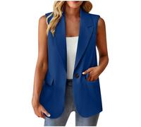 Ybing Blazer, giacca da donna senza maniche, elegante, tinta unita, con bottoni, risvolto, da lavoro, per ufficio, da lavoro, con tasche, per adolescenti e ragazze, Blu, L