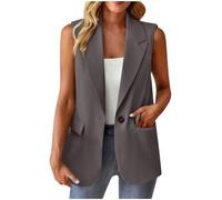 Ybing Blazer, giacca da donna senza maniche, elegante, tinta unita, con bottoni, risvolto, da lavoro, per ufficio, da lavoro, con tasche, per adolescenti e ragazze, grigio., 3XL