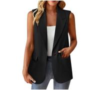 Ybing Blazer, giacca da donna senza maniche, elegante, tinta unita, con bottoni, risvolto, da lavoro, per ufficio, da lavoro, con tasche, per adolescenti e ragazze, Nero , L