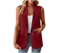 Ybing Blazer, giacca da donna senza maniche, elegante, tinta unita, con bottoni, risvolto, da lavoro, per ufficio, da lavoro, con tasche, per adolescenti e ragazze, Vino, M