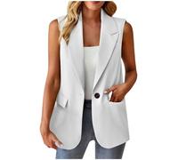 Ybing Blazer, giacca da donna senza maniche, elegante, tinta unita, con bottoni, risvolto, da lavoro, per ufficio, da lavoro, con tasche, per adolescenti e ragazze, bianco, L