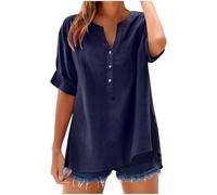 Ybing Camicetta in lino da donna, tinta unita, con orlo intagliato, con scollo a V, casual, in cotone, a maniche corte, leggera, estiva, sottile, maglietta sportiva, #02 Marine, L