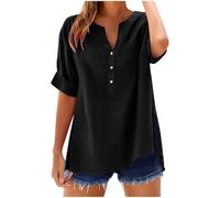 Ybing Camicetta in lino da donna, tinta unita, con orlo intagliato, con scollo a V, casual, in cotone, a maniche corte, leggera, estiva, sottile, maglietta sportiva, #01 nero., L
