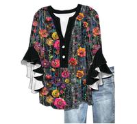 Ybing Camicette e tuniche da donna, maniche a 3/4, maglione con stampa floreale, elegante maniche a volant, top bottoni, scollo a V, a maniche lunghe, larga, comoda maglietta a maniche lunghe, #41
