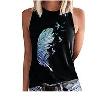 Ybing Canottiera da donna con motivo a piuma, alla moda, girocollo, larga, leggera, estiva, per il fitness, in cotone, comoda senza maniche, maglietta estiva, Nero , S