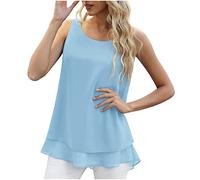 Ybing Canottiera da donna in tinta unita, in chiffon, con orlo a doppio strato, elegante, scollo rotondo, senza maniche, leggera, da spiaggia, comoda, tunica, estiva, sottile, Celeste., XXL