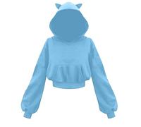 Ybing Crop Felpa con cappuccio da donna, tinta unita, senza pancia, Kawaii, con cappuccio, con orecchie di gatto, maniche a lanterna, con cappuccio, sottile, taglie S-5XL, #01 Azzurro, S