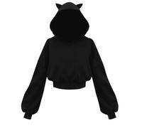 Ybing Crop Felpa con cappuccio da donna, tinta unita, senza pancia, Kawaii, con cappuccio, con orecchie di gatto, maniche a lanterna, con cappuccio, sottile, taglie S-5XL, #02 nero., S