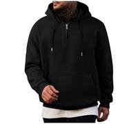 Ybing Felpa con cappuccio a 1/4 zip da uomo, casual, tinta unita, con cappuccio, leggera, con coulisse, con tasche, larga, a maniche lunghe, per autunno e inverno, Nero , S