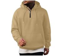 Ybing Felpa con cappuccio a 1/4 zip da uomo, casual, tinta unita, con cappuccio, leggera, con coulisse, con tasche, larga, a maniche lunghe, per autunno e inverno, cachi, XXL