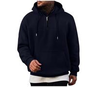 Ybing Felpa con cappuccio a 1/4 zip da uomo, casual, tinta unita, con cappuccio, leggera, con coulisse, con tasche, larga, a maniche lunghe, per autunno e inverno, Blu marino, XL