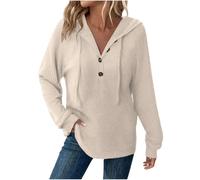 Ybing Felpa con cappuccio da donna, casual, tinta unita, a coste, con scollo a V, con bottoni, con cappuccio, sottile, con cappuccio, beige., XXL