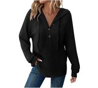Ybing Felpa con cappuccio da donna, casual, tinta unita, a coste, con scollo a V, con bottoni, con cappuccio, sottile, con cappuccio, Nero , XXL