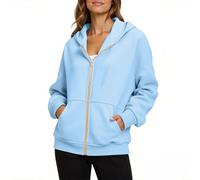 Ybing Felpa con cappuccio da donna, casual, tinta unita, in cotone, con cappuccio, per autunno e inverno, con cerniera, 2025, oversize, giacca sportiva, Azzurro, M