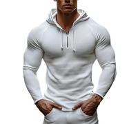 Ybing Felpa con cappuccio da uomo a maniche lunghe, alla moda, tinta unita, con cappuccio, leggera, slim fit, fitness, con cerniera a 1/4, bianco, XL