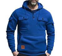Ybing Felpa con cappuccio da uomo, casual, con bottoni, con cappuccio, vintage, a maniche lunghe, comoda felpa sportiva, Blu, L