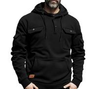 Ybing Felpa con cappuccio da uomo, casual, con bottoni, con cappuccio, vintage, a maniche lunghe, comoda felpa sportiva, Nero , XXL