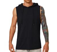 Ybing Felpa con cappuccio da uomo, tinta unita, estiva, alla moda, ad asciugatura rapida, sottile, con cappuccio, traspirante, canottiera sportiva, Nero , XL