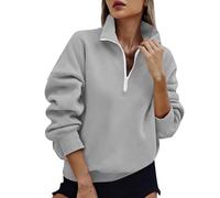 Ybing Felpa da donna, casual, tinta unita, senza cappuccio, con chiusura lampo, a risvolto, a maniche lunghe, calda, comoda, sportiva, Streetwear, grigio., XXL