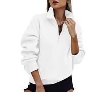 Ybing Felpa da donna, casual, tinta unita, senza cappuccio, con chiusura lampo, a risvolto, a maniche lunghe, calda, comoda, sportiva, Streetwear, bianco, XXL