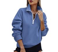 Ybing Felpa da donna, casual, tinta unita, senza cappuccio, con chiusura lampo, a risvolto, a maniche lunghe, calda, comoda, sportiva, Streetwear, Blu, XXL