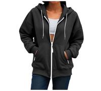 Ybing Felpa da donna con cappuccio, tinta unita, con cerniera, leggera, casual, oversize, con cappuccio, a maniche lunghe, con chiusura lampo, Nero , S