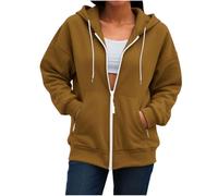 Ybing Felpa da donna con cappuccio, tinta unita, con cerniera, leggera, casual, oversize, con cappuccio, a maniche lunghe, con chiusura lampo, marrone, L