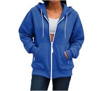 Ybing Felpa da donna con cappuccio, tinta unita, con cerniera, leggera, casual, oversize, con cappuccio, a maniche lunghe, con chiusura lampo, Blu, XXL