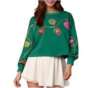 Ybing Felpa da donna con paillette, corta, casual, crop top, senza cappuccio, scollo rotondo, senza pancia, a maniche lunghe, verde, M