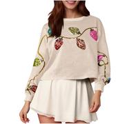 Ybing Felpa da donna con paillette, corta, casual, crop top, senza cappuccio, scollo rotondo, senza pancia, a maniche lunghe, bianco, XL