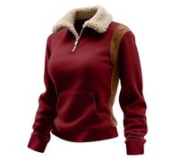 Ybing Felpa da donna in pelle scamosciata, casual, vintage, senza cappuccio, con cerniera, con tasca, sottile, a maniche lunghe, stile retrò, per il tempo libero, Colore: rosso, M