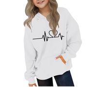 Ybing Felpa da ragazza con cappuccio, stampa ECG, elegante, con cappuccio, per autunno e inverno, con cappuccio, comoda, a maniche lunghe, streetwear, bianco, 160