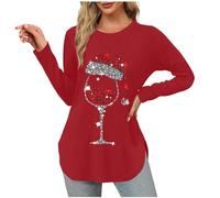 Ybing Maglia a maniche lunghe da donna, con stampa natalizia, elegante maglione natalizio, maglietta a maniche lunghe, leggera, in cotone, girocollo, basic, Colore: rosso, XXL