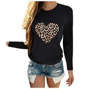 Ybing Maglia a maniche lunghe da donna, motivo leopardato, con stampa a cuore, slim fit, girocollo, elegante, maglione leggero, comodo, basic, top tunica, adolescente, ragazza a maniche lunghe, Nero