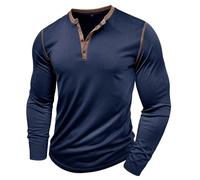 Ybing Maglia a maniche lunghe da uomo, tinta unita, in cotone, con bottoni, scollo rotondo, alla moda, a maniche lunghe, casual, classica, comoda, leggera, da corsa, Blu scuro, L