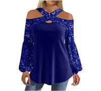Ybing Maglia da donna con paillette, elegante scollo a V, Y2K, con brillantini, tinta unita, con maniche lunghe, a maniche lunghe, top a tunica, Blu, XXL