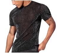 Ybing Maglia da uomo, alla moda, con brillantini, tinta unita, trasparente, sottile, a maniche corte, traspirante, scollo rotondo, maglietta basic, Nero , S