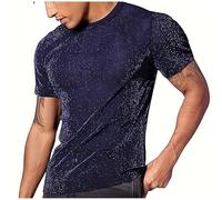 Ybing Maglia da uomo, alla moda, con brillantini, tinta unita, trasparente, sottile, a maniche corte, traspirante, scollo rotondo, maglietta basic, Blu, XL