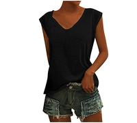 Ybing Maglietta da donna, casual, con scollo a V, tinta unita, a maniche corte, estiva, sottile, tunica, leggera, basic top estivo, sottile, in cotone, maglietta sportiva streetwear, Nero , S