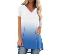 Ybing Maglietta lunga da donna, a maniche corte, con gradiente, casual, con scollo a V, maniche lunghe, leggera, in cotone, comoda maglietta per adolescenti, Blu, XL