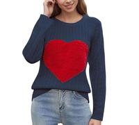 Ybing Maglione da donna a forma di cuore, con stampa a costine, elegante, scollo rotondo, in jacquard, per autunno e inverno, per ragazze, Blu marino, L