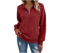 Ybing Maglione da donna con cerniera a 1/4, elegante, tinta unita, senza cappuccio, slim fit, scollo a V, maglione leggero, a maniche lunghe, casual, a maniche lunghe, comodo, basic top, Colore: rosso