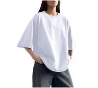 Ybing Oversized, maglietta da donna in cotone, alla moda, tinta unita, scollo rotondo, camicetta estiva, leggera, a maniche corte, vestibilità regolare, Sporthsirt, comoda maglietta estiva, bianco, S
