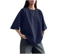 Ybing Oversized, maglietta da donna in cotone, alla moda, tinta unita, scollo rotondo, camicetta estiva, leggera, a maniche corte, vestibilità regolare, Sporthsirt, comoda maglietta estiva, Blu