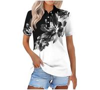 Ybing Polo da donna a righe e blocchi di colore, patchwork, casual, a maniche corte, da golf, con bottoni, con stampa floreale, elegante, sottile, estiva, traspirante, #07 nero., M