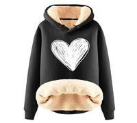 Ybing Teddy, felpa con cappuccio da donna con motivo a cuore, in pile caldo, foderata, leggera, in pile Teddy, con cappuccio, per autunno e inverno, con cappuccio, Nero , L