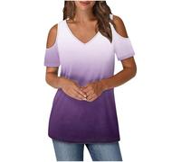 Ybing Top da donna con spalle scoperte di colore, a spalla fredda, elegante, scollo a V, casual, a maniche corte, sottile, in cotone, comoda maglietta basic, viola., XL