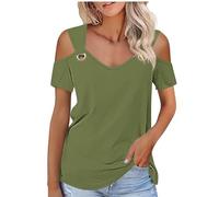 Ybing Top da donna con spalle scoperte, tinta unita, con scollo a V, sexy, a spalla fredda, elegante, maglietta estiva, sottile, comoda, in cotone, a maniche corte, verde militare, M