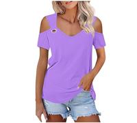 Ybing Top da donna con spalle scoperte, tinta unita, con scollo a V, sexy, a spalla fredda, elegante, maglietta estiva, sottile, comoda, in cotone, a maniche corte, viola., S